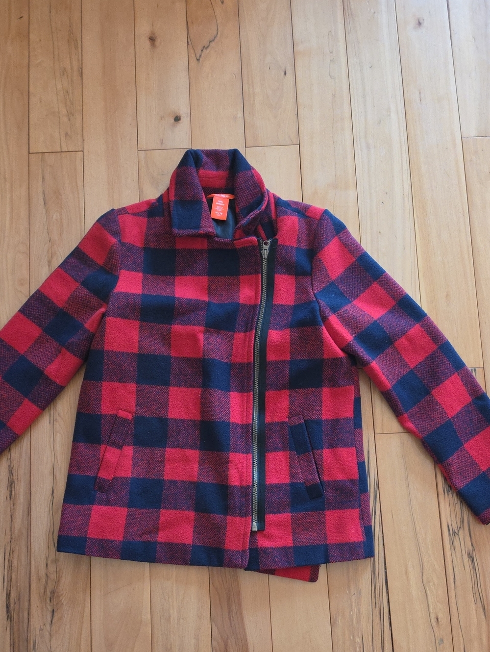 Joe Fresh Red and Navy Plaid Asymmetrical Zip Pea Coat